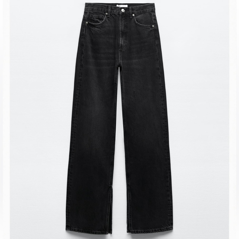 Zara Split Wide Leg TRF Black Jeans | Straight Loose, High Rise, Full Length
